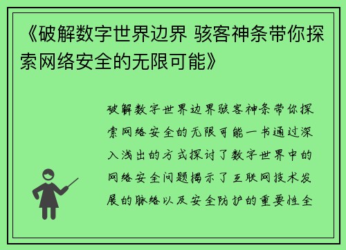 《破解数字世界边界 骇客神条带你探索网络安全的无限可能》