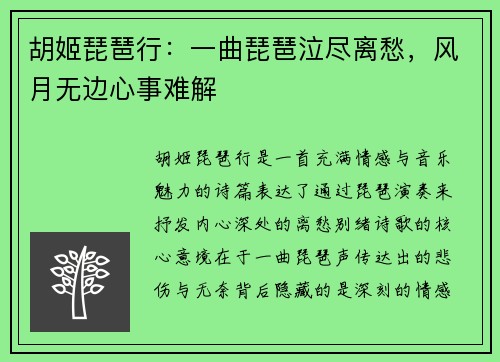 胡姬琵琶行：一曲琵琶泣尽离愁，风月无边心事难解